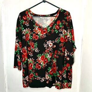 The Pioneer Woman Black Floral V-Neck Top with Red Roses